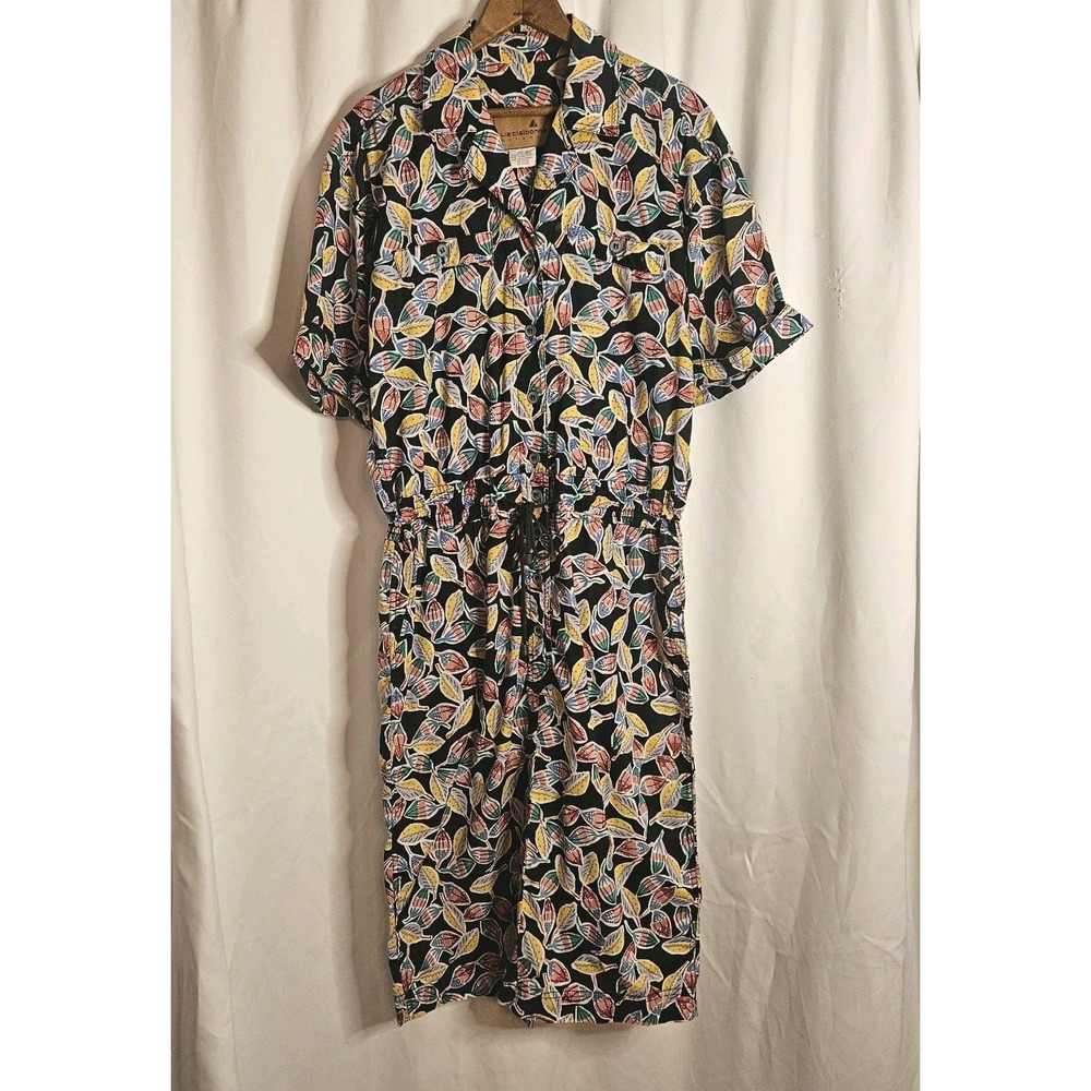 Vintage Liz Claiborne Floral Shirt Dress 10 Short Sleeve Tie Waist Button Front‎